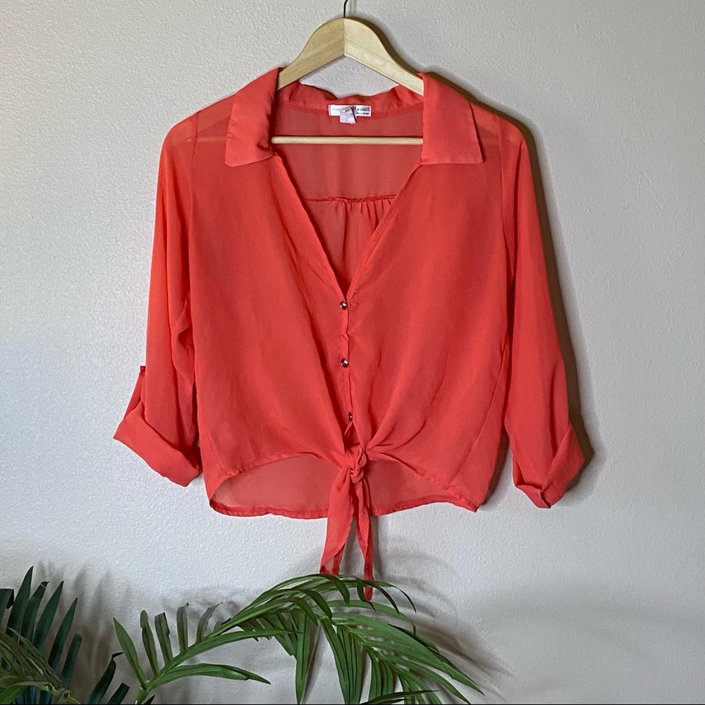 Agaci Sheer Front Tie Blouse Medium Orange Coral